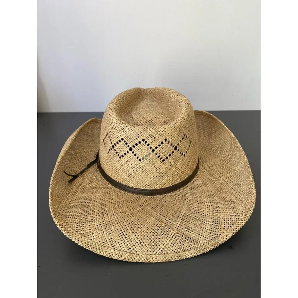 Stetson Men’s Natural Straw Cowboy Hat with Brown Leather Band Sz L Western Chic